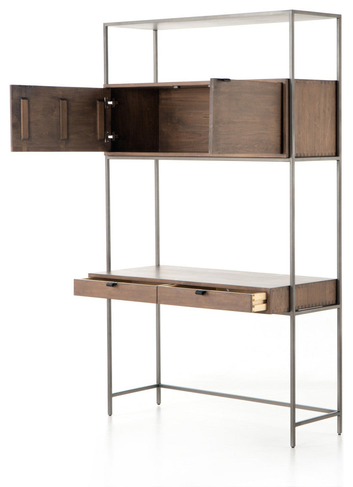 Trey Modular Wall Desk Auburn Poplar, Natural Iron, Black Leather