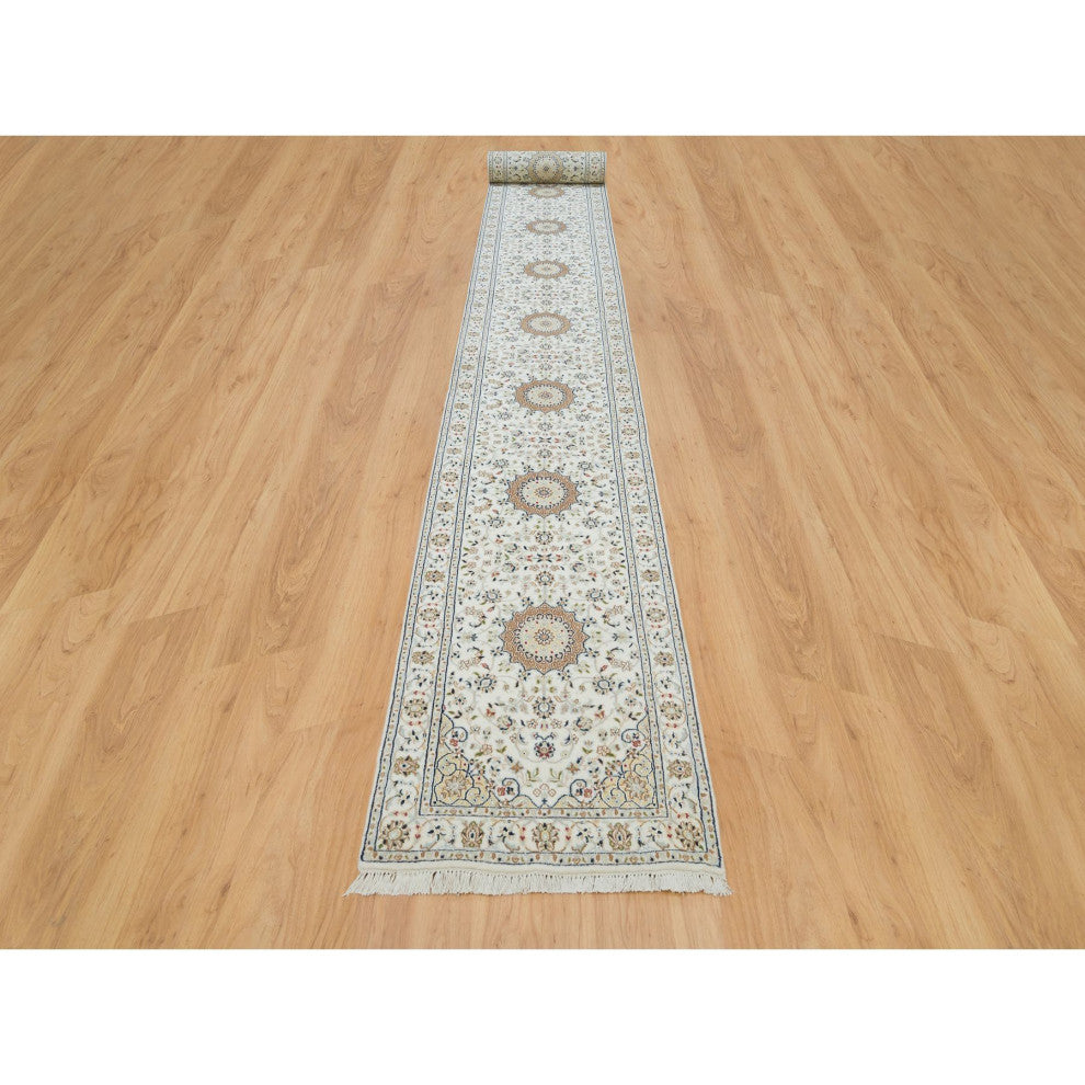 White, Hand Knotted, Nain Design, 250 KPSI 100% Wool XL Runner Rug, 2'6"x22'9"