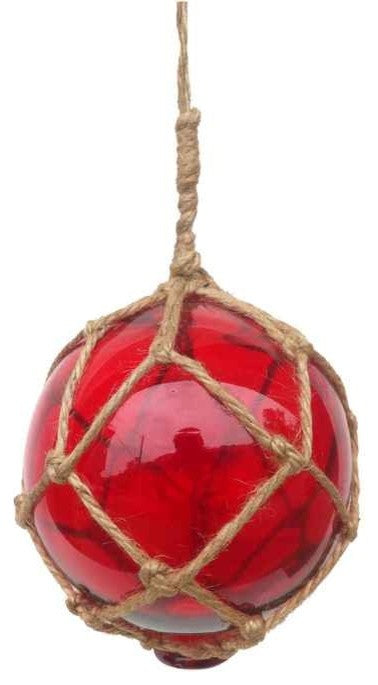 Red Japanese Glass Ball Fishing Float With Brown Netting Decoration 4'', Glass
