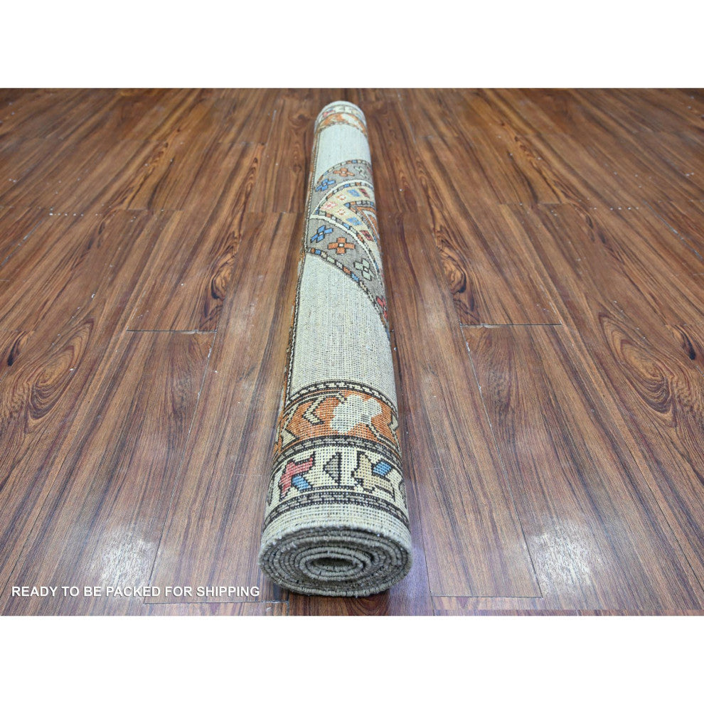 Cloud Gray Hand Knotted Afghan Ersari Wide Runner Oriental Rug, 4'2"x9'9"
