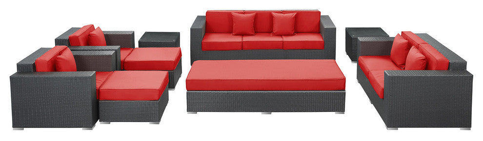 Modway Eclipse 9-Piece outdoor Patio Sofa Set, Espresso/Red