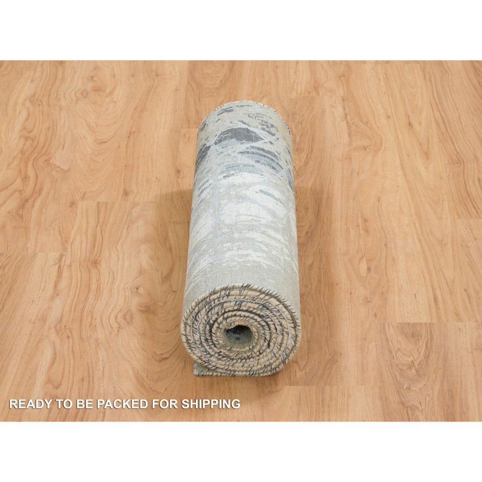 Gray, Wool and Silk THE HONEYCOMB Design, Hand Knotted Runner Rug, 2'6"x10'1"