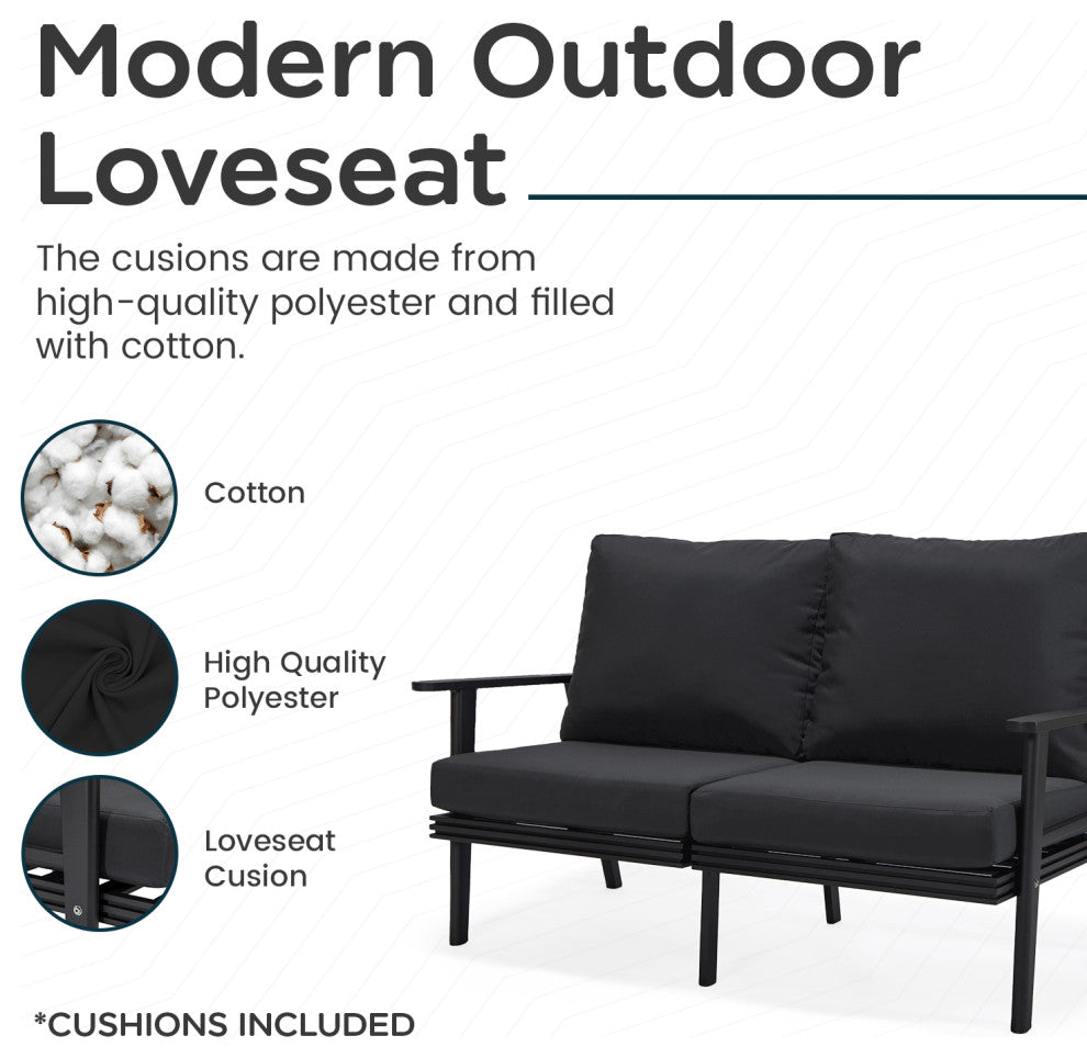 Leisuremod Walbrooke Patio Loveseat With Black Aluminum Frame, Charcoal