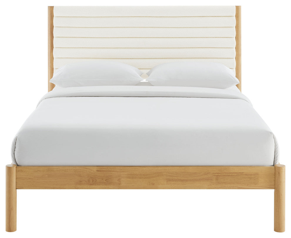 Olea Channel Tufted Boucle Solid Wood Queen Platform Bed, Feather Oak