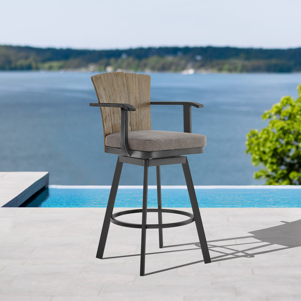 Hazel Outdoor Patio Swivel Bar Stool, Aluminum Teak Wood/Charcoal Cushion