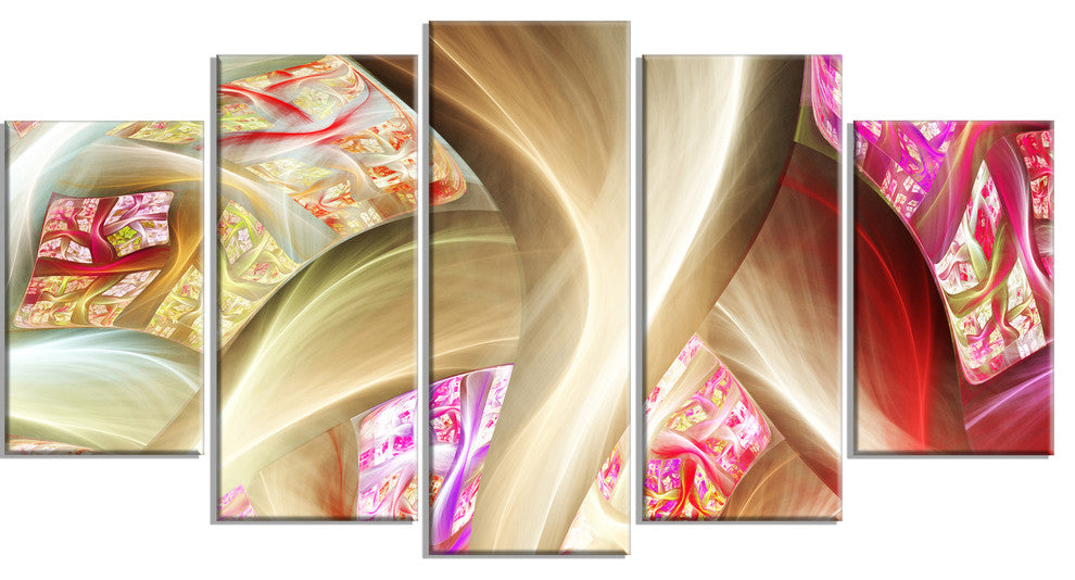 Golden Red Fractal Plant Stems, Contemporary Canvas Art Print, 60"x32", 5 Panels