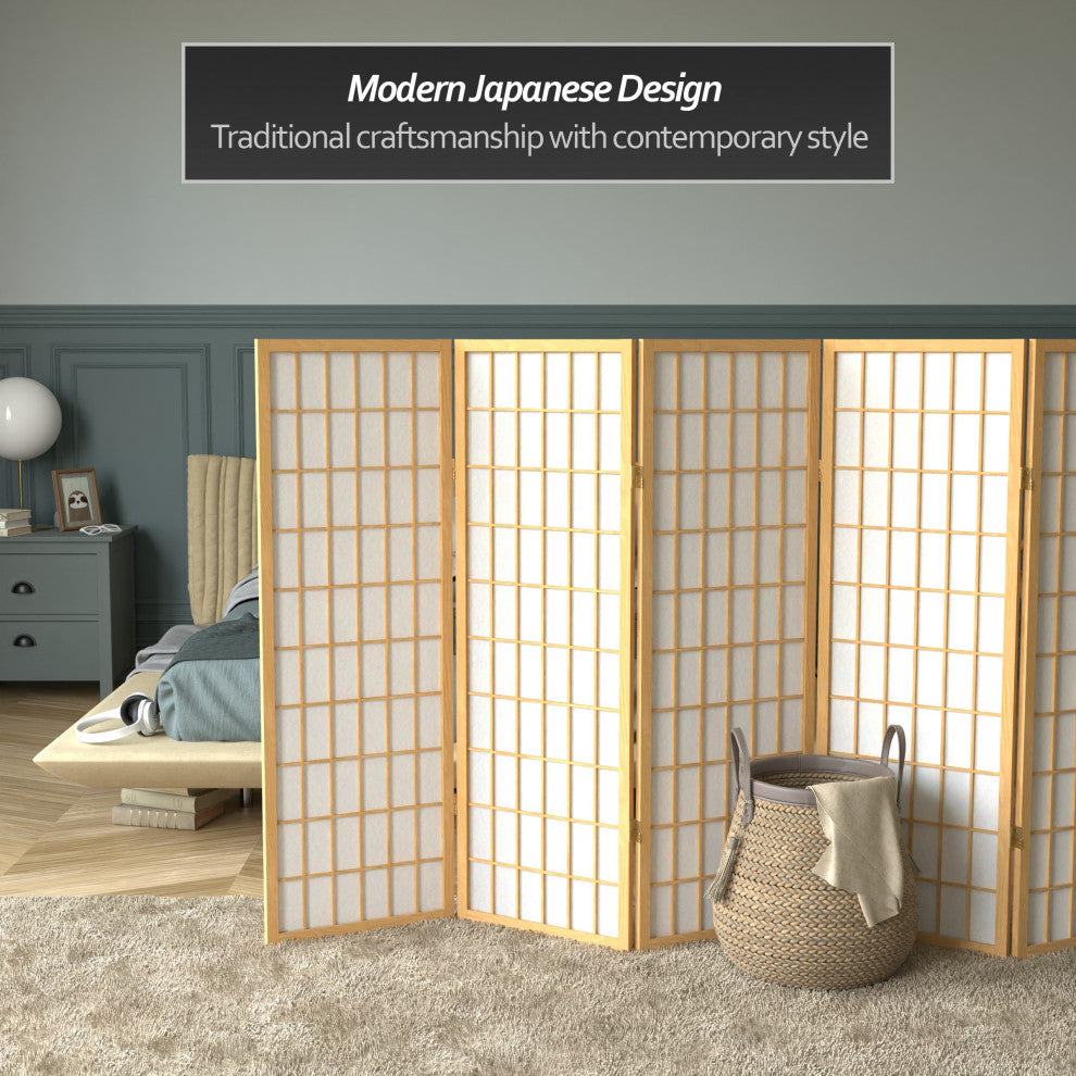 4' Tall Window Pane Shoji Screen, Natural, 5 Panels