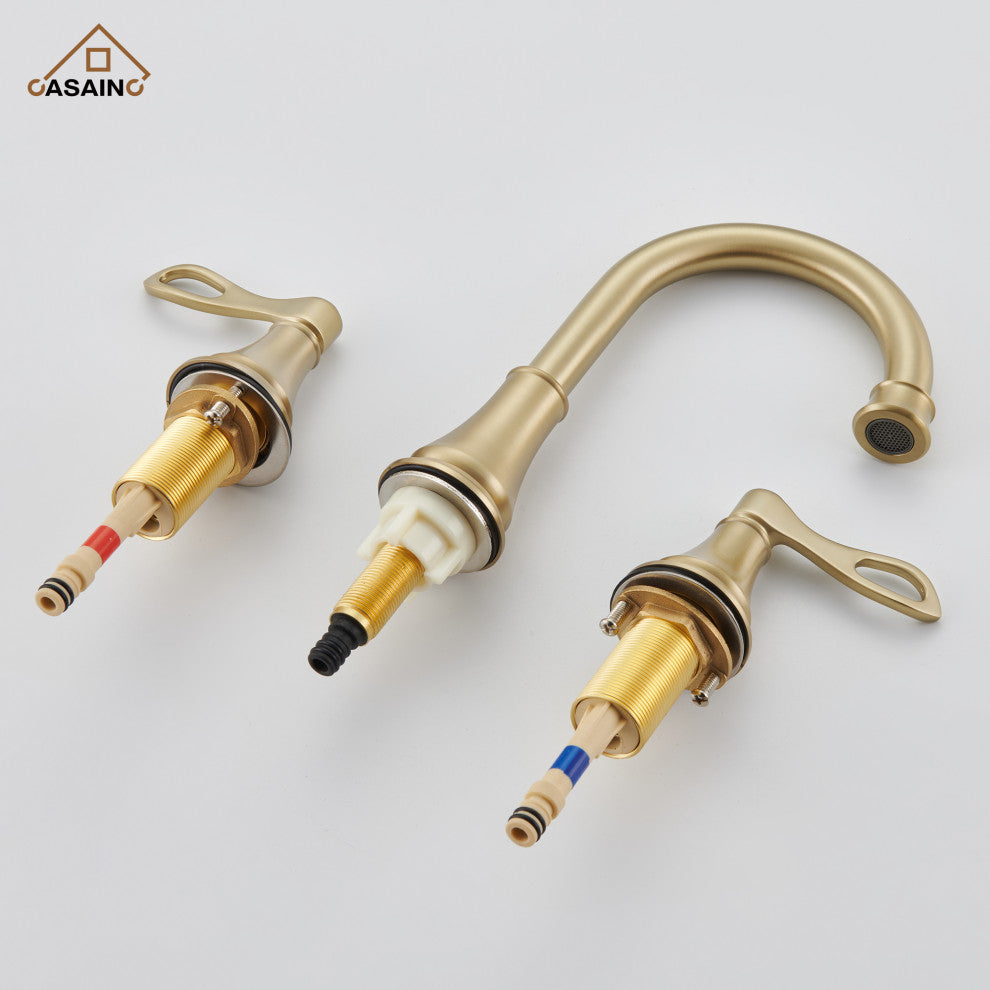 8in Brass Bathroom Sink Faucet 3 Hole Gold Bathroom Faucet 2 Handle Gold Faucet, Brushed Gold