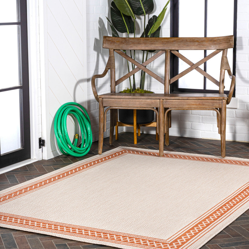 Lucia Classic Diamond Border Indoor/Outdoor Area Rug, Cream/Orange, 8x10