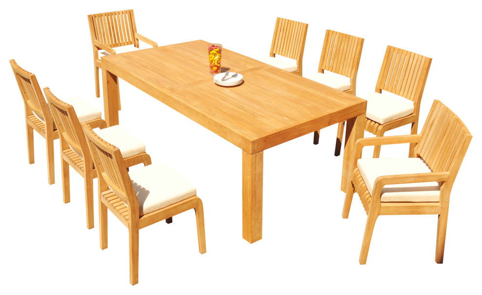 9-Piece Outdoor Teak Patio Dining Set: 86" Rectangle Table, 8 Maldives Chairs