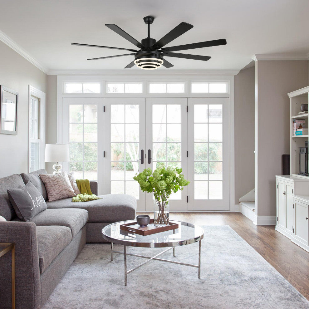 72" Modern 8 Wood Blades Large Ceiling Fan w LED Light, Black