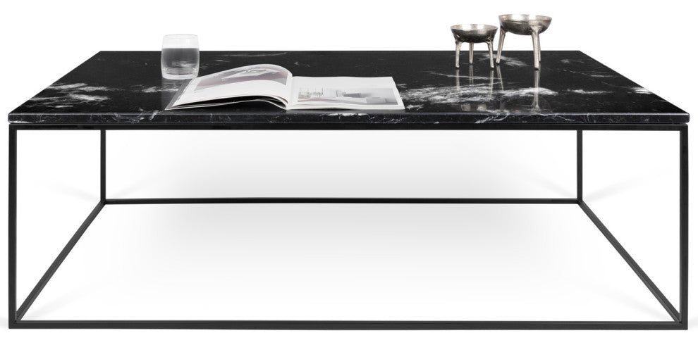 Modern Metal Rectangle Marble Top Coffee Table, Black Marble/Black Base