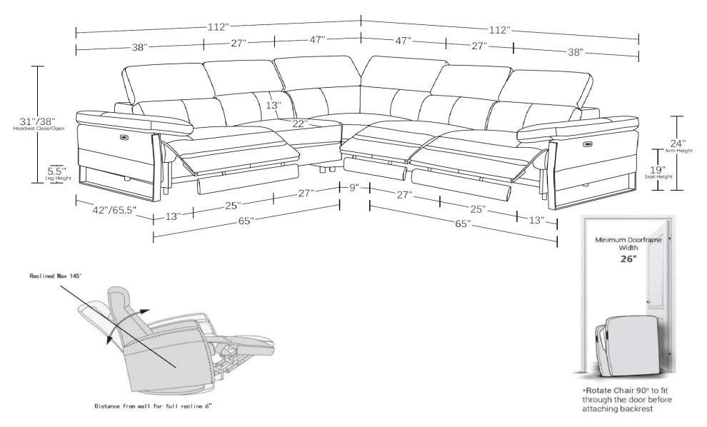 Antonio Italian Leather 5-Piece L-Shaped Power Reclining Sectional, Black