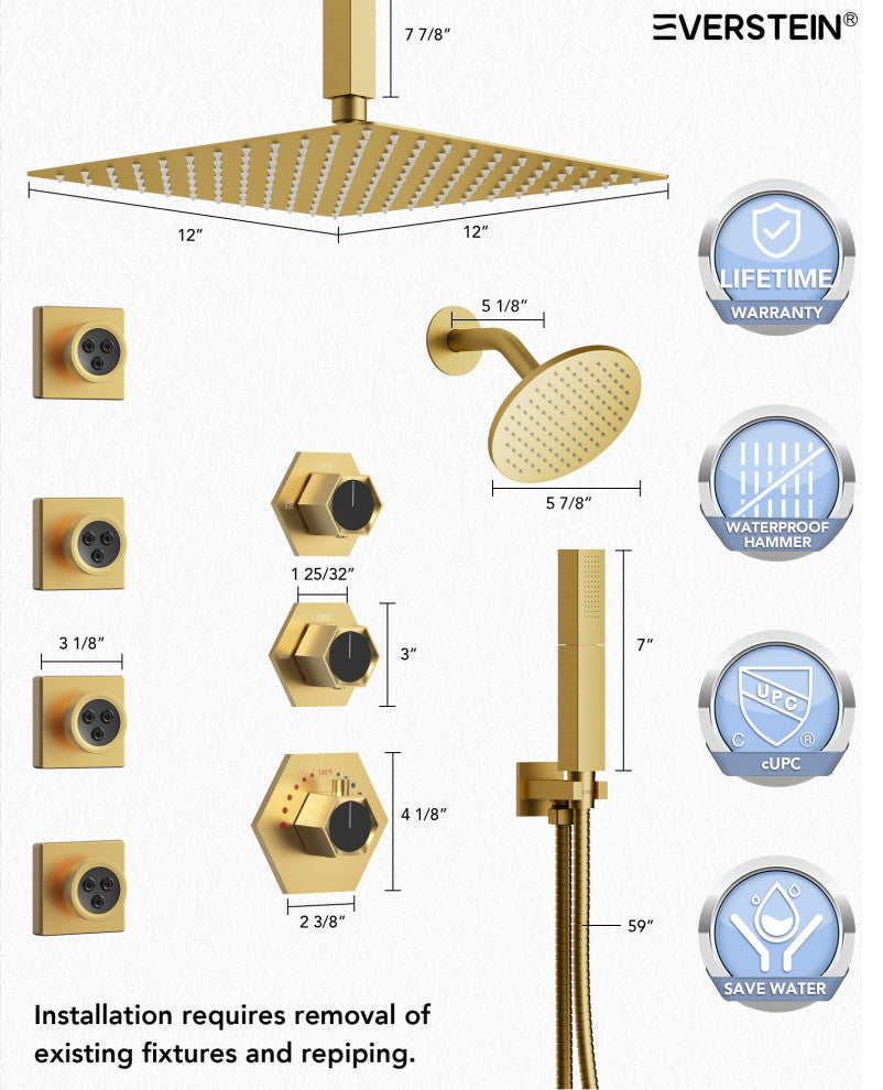 Themostatic Shower System 12" High-Pressure Dual Heads, Brushed Gold