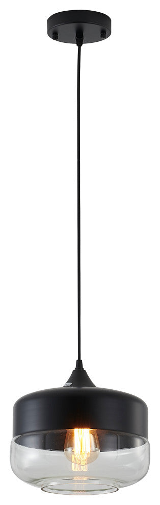 1-Light 10" Matte Black Metal Pendant With A Glass Shade