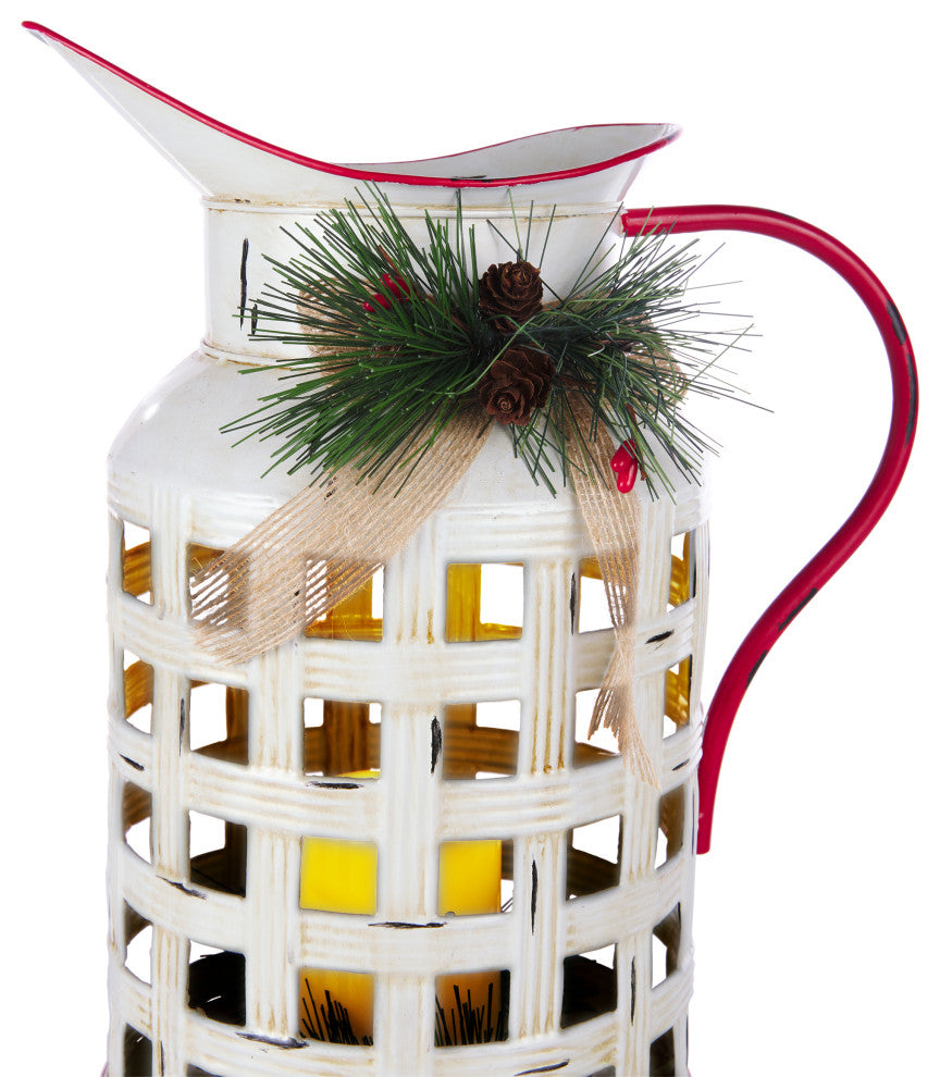 White Metal Pitcher with Candle DÃ©cor and LED Light