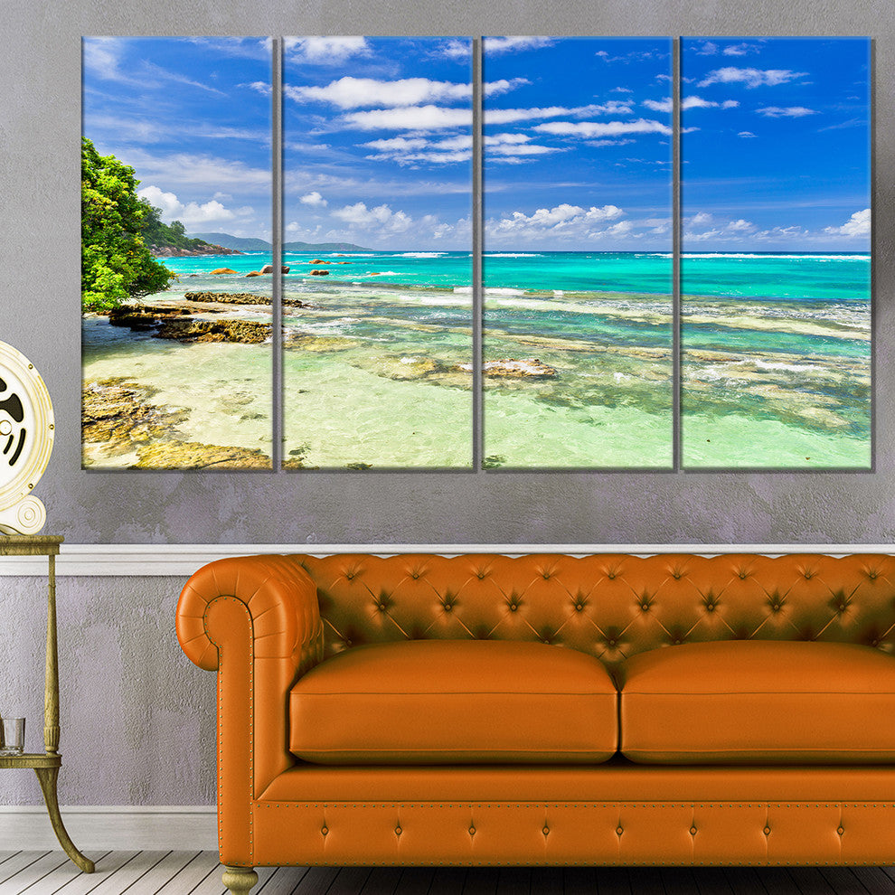 "Tranquil Seychelles Tropical Beach" Modern Seascape Wall Art, 4 Panels, 48"x28"