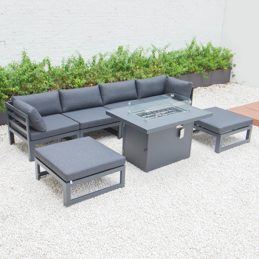 LeisureMod Chelsea 7-Piece Outdoor Sectional With Fire Pit Table, Black