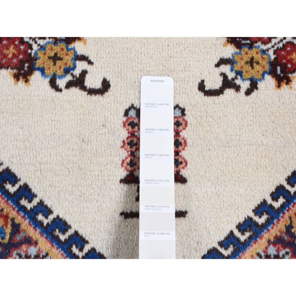 Ivory New Bohemian Karabakh Pure Wool Hand Knotted Rug 3'3" x 4'3"