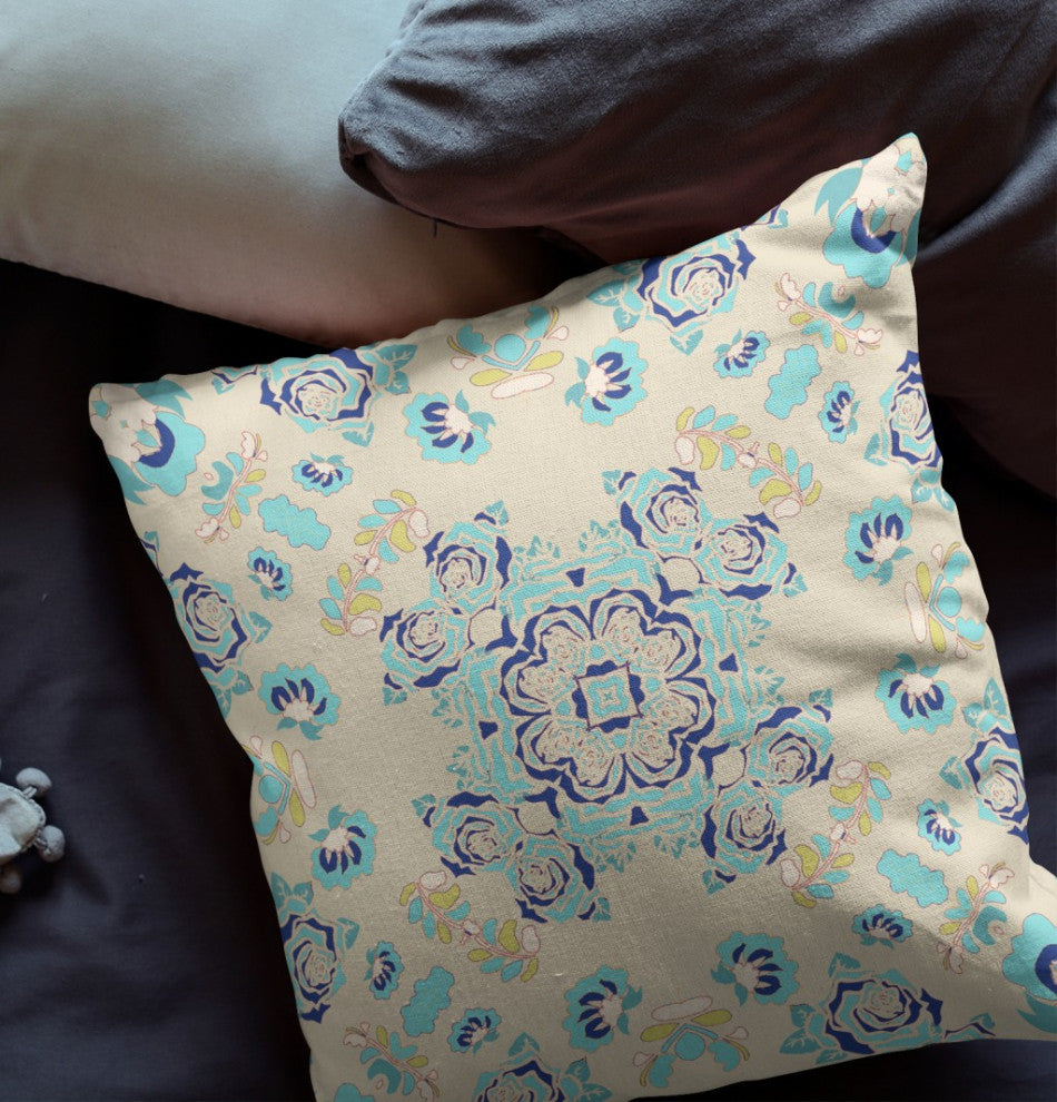 26" Blue Beige Wreath Indoor Outdoor Zippered Throw Pillow