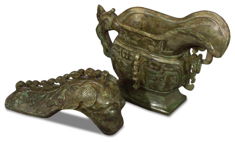 Hand Carved Jade Chinese Shang Dynasty Motif Ewer with Removable Lid