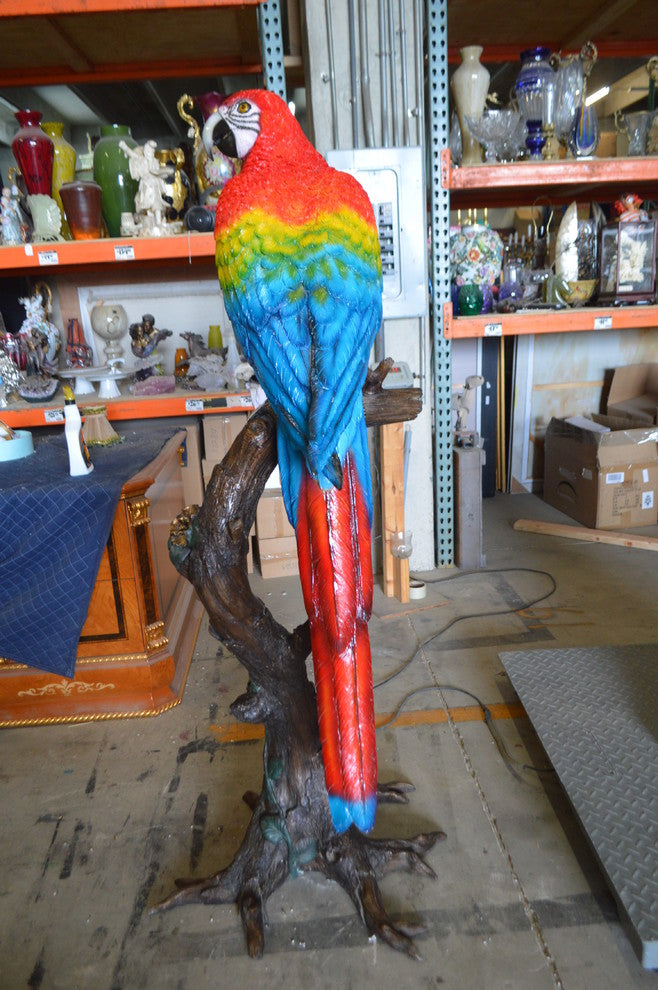 Single Red and Blue Parrot on a tree Bronze Statue -  Size: 30"L x 24"W x 66"H