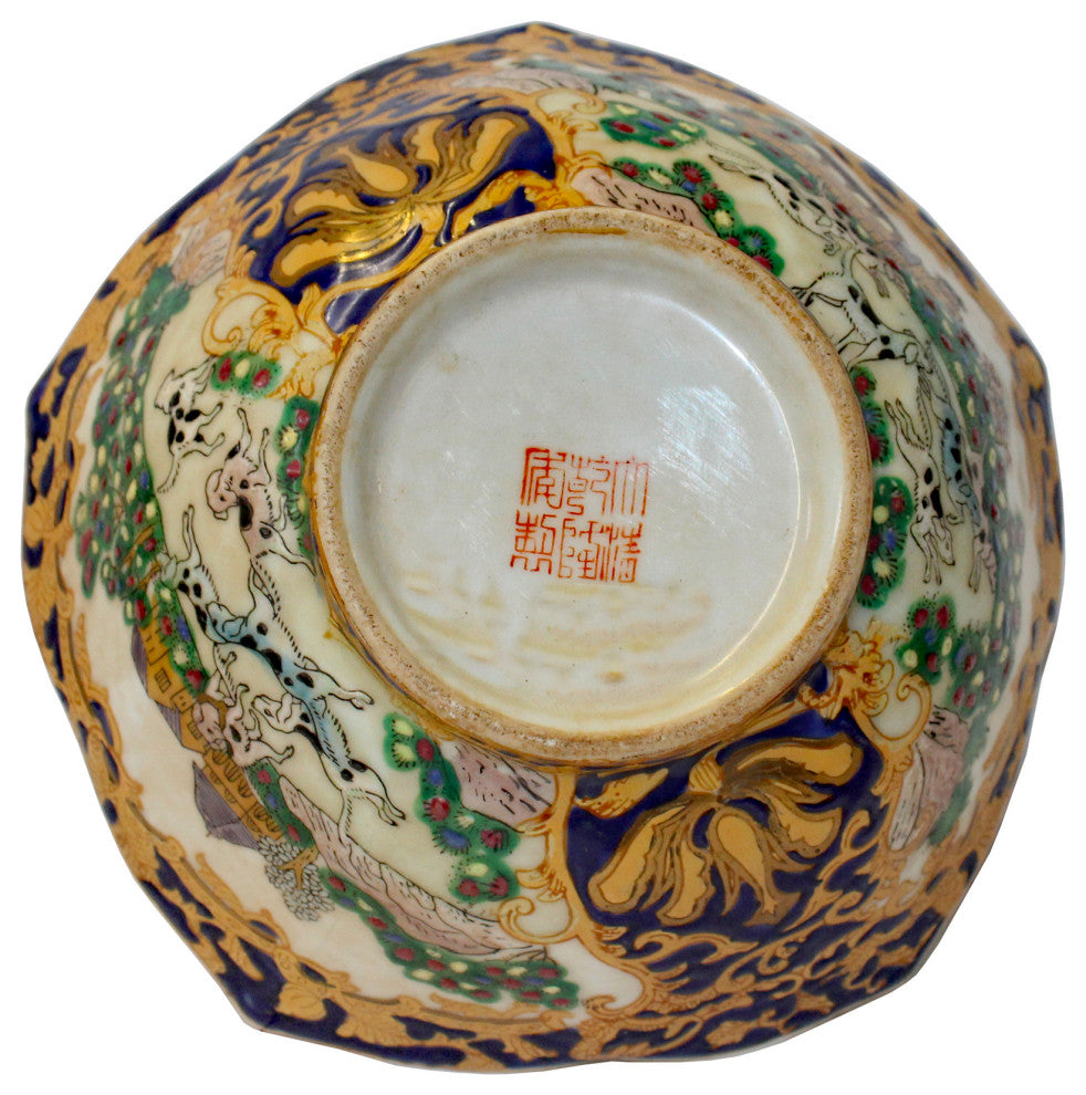 Chinese Oriental Porcelain People & Domino Puppy Bowl Container Hws785