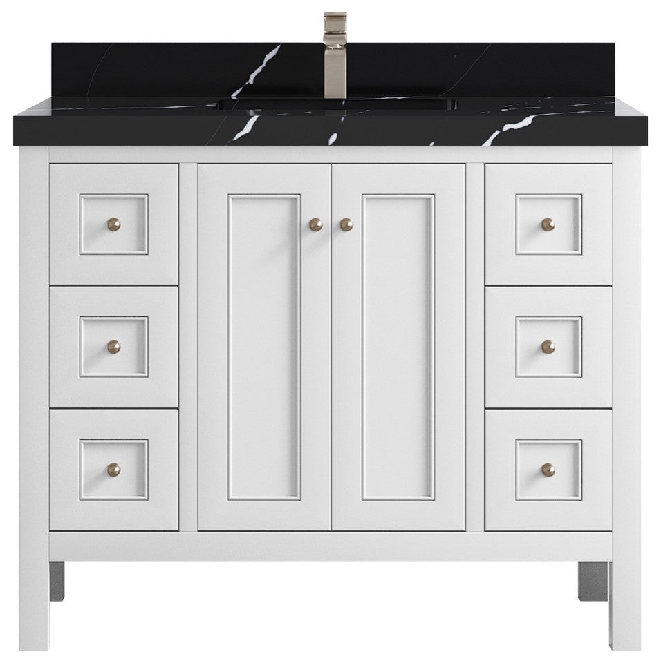 Nashville 42" Single Sink Bath Vanity, White 2" Calacatta Black