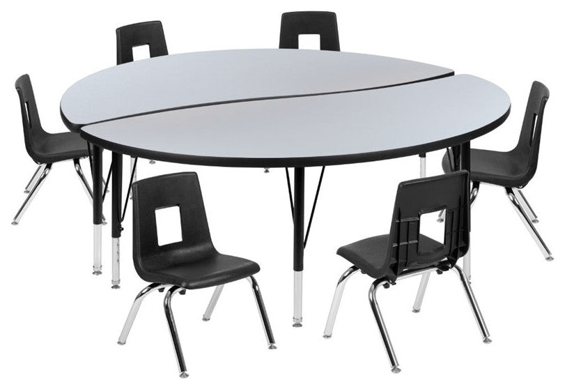 60" Circle Wave Activity Table Set with 12" Student Stack Chairs, Grey