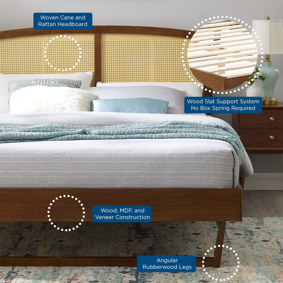 Platform Bed Frame, King Size, Wood, Brown Walnut, Modern Mid-Century, Bedroom