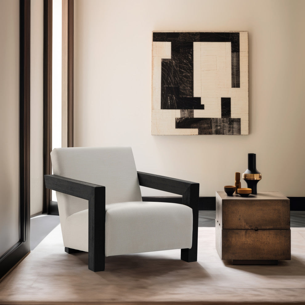 Ward Cream Linen Textured Fabric Accent Chair, Black Finish