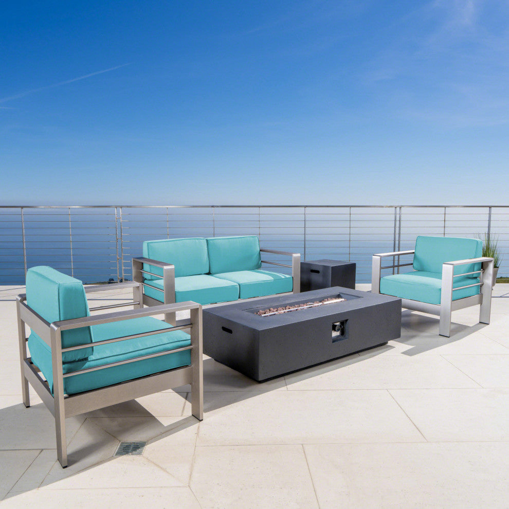 5-Piece Coral Bay Chat Set With Fire Pit, Canvas Aruba Sunbrella/Silver/Dark Gray