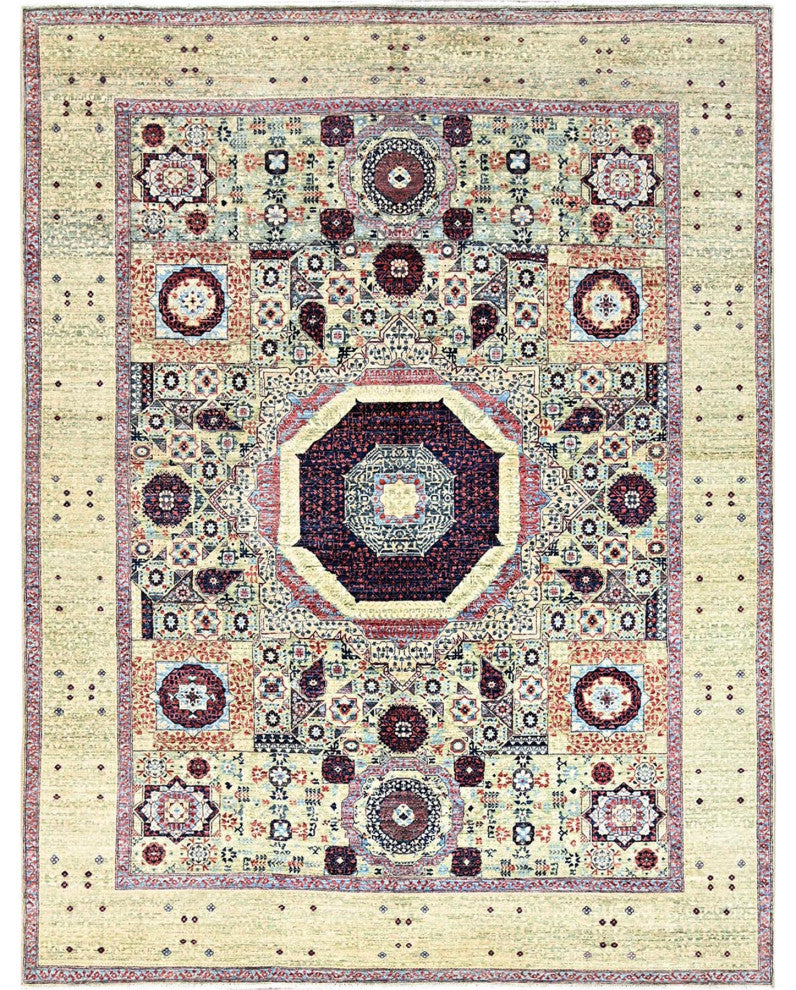 Green, Mamluk Design, Pure Wool, Hand Knotted, Oriental Rug, 8'x10'2"