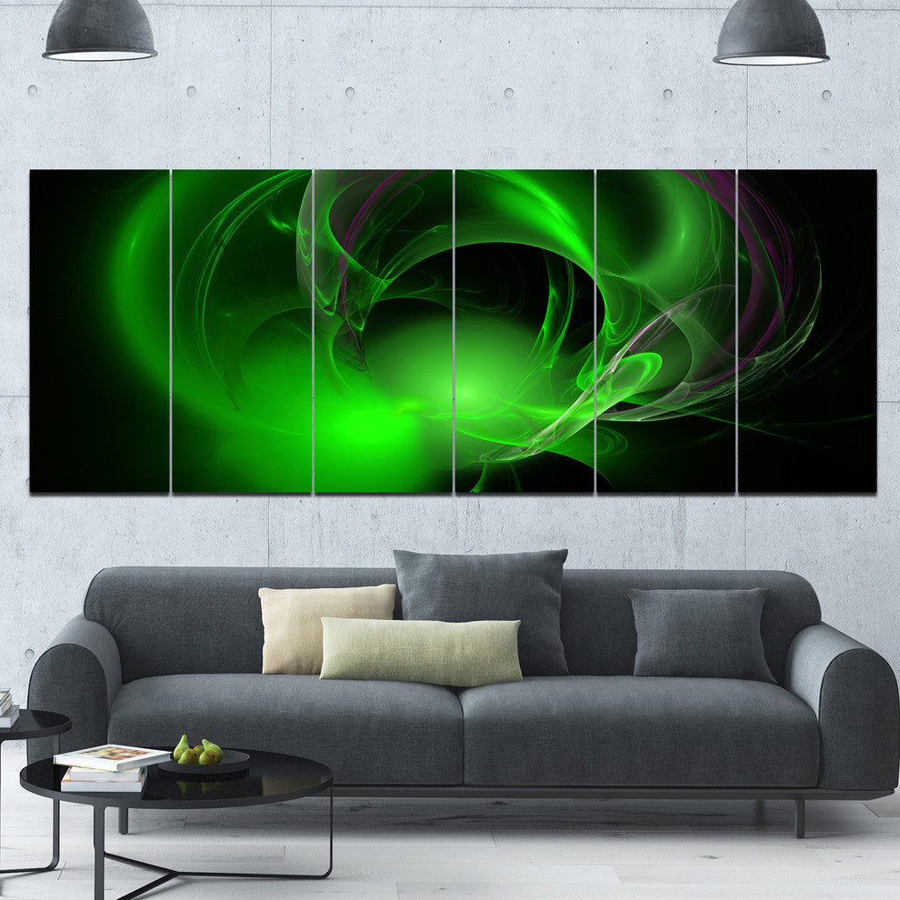 Green Galactic Nebula on Black, Abstract Wall Art Canvas, 70"x28", 6 Panels