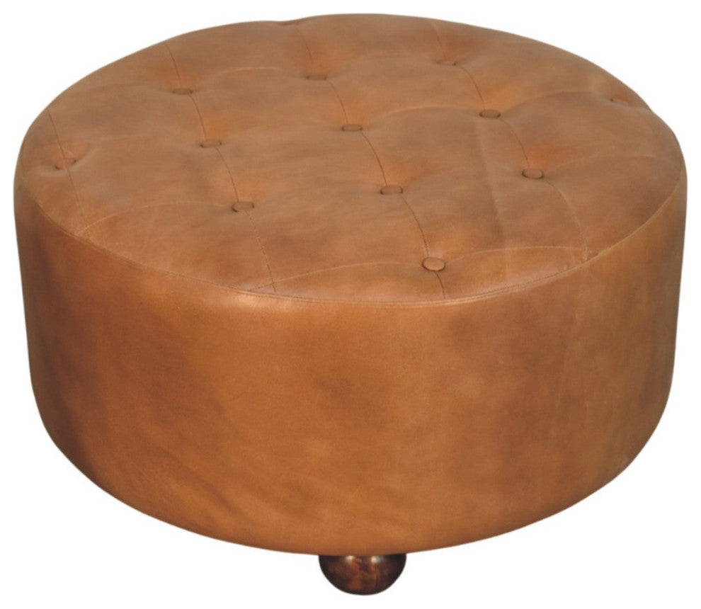 Ottoman upholstered Buffalo Brown hide leather Round Artisan Furniture