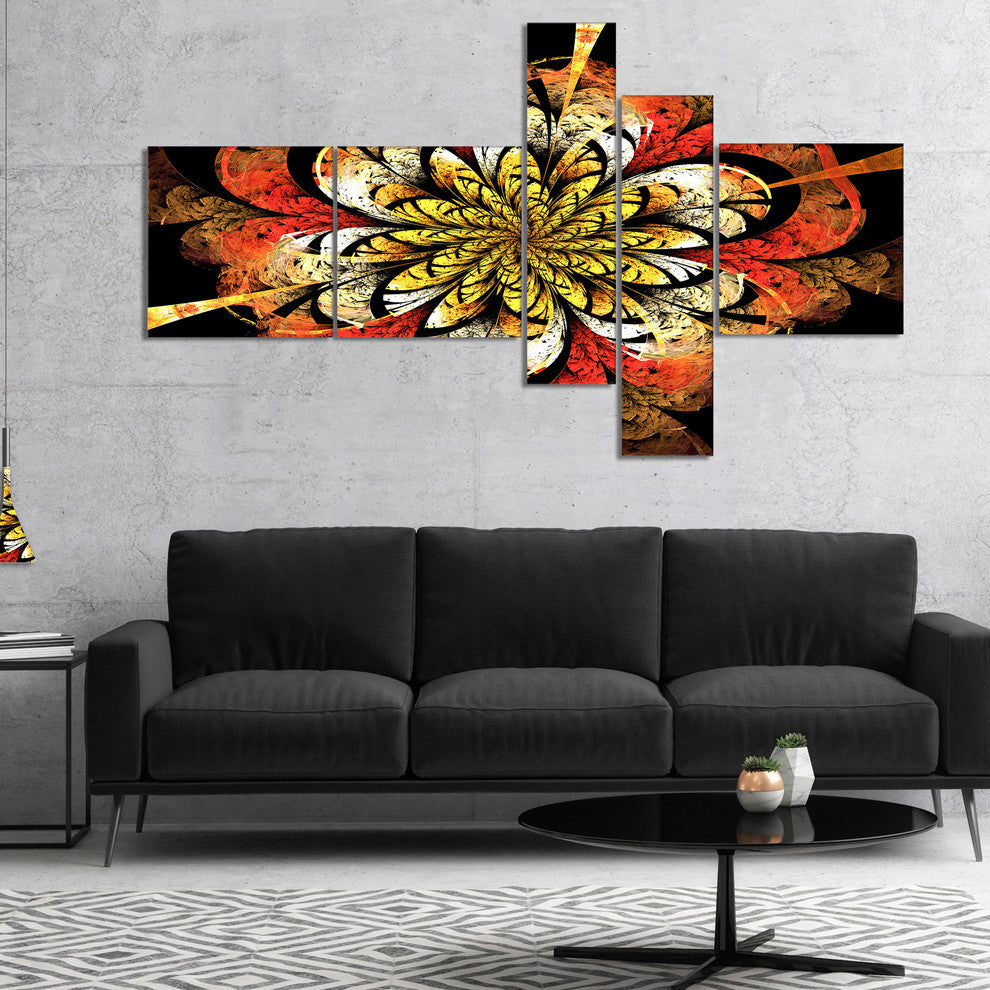 Dark Yellow Orange Fractal Flower, Abstract Wall Art Canvas, 60"x32", 5 panels