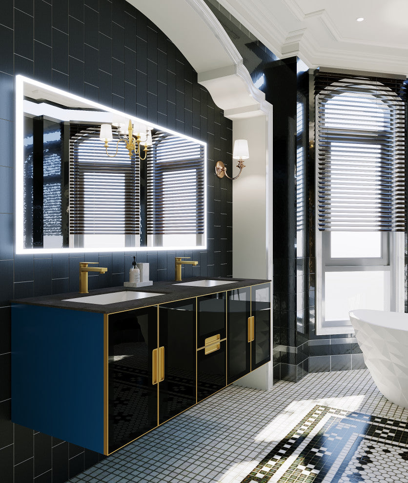 Solaria Glass Facade Floating Vanity, 60", Rustic Porcelain Top, Double Sink
