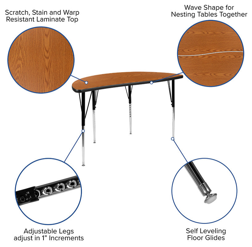 3 Piece 76" Oval Wave Activity Table Set - Standard Height Adj. Legs, Oak