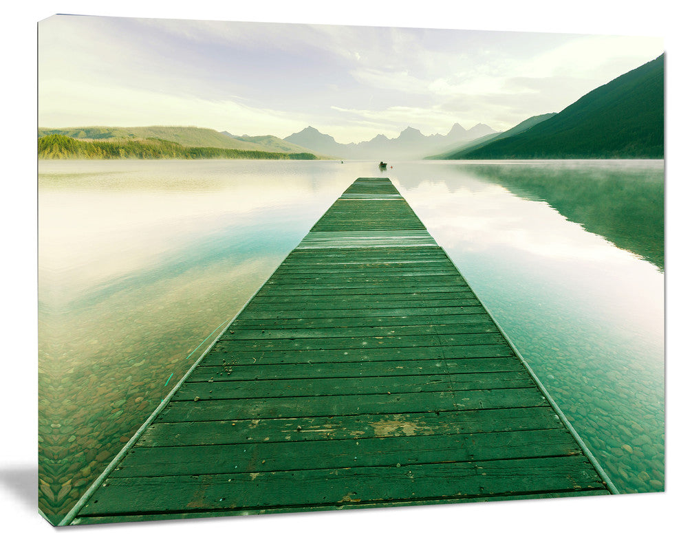 Green Wood Pier At Glacier Park, Seashore Canvas Art Print, 60"x28"