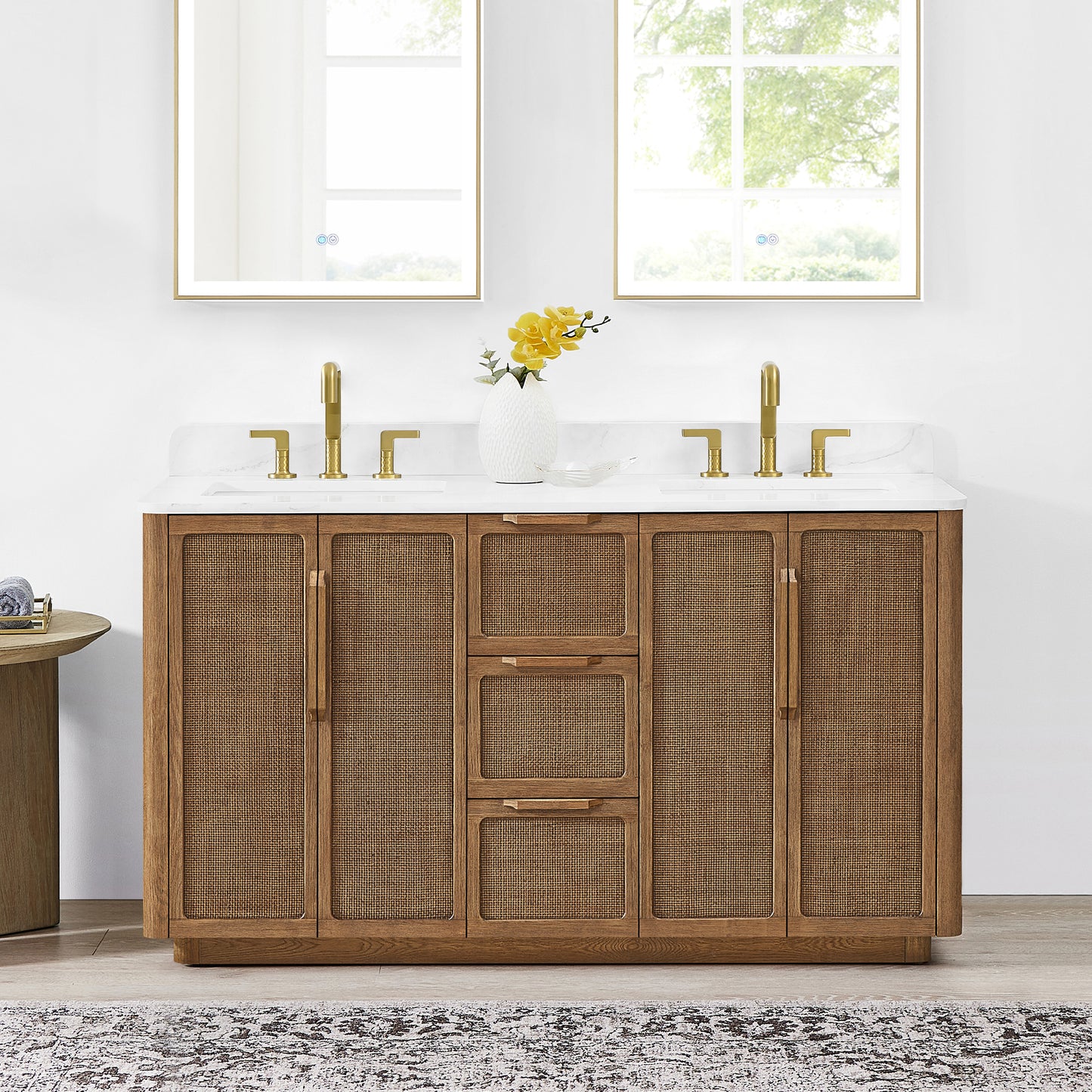 Busan Bath Vanity, Quartz Top No Mirror, Oak Classic Brown, 60", Double Vanity