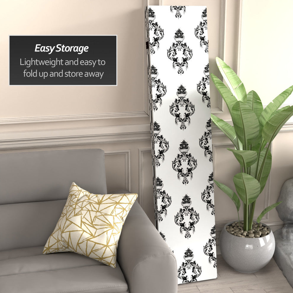 6' Tall Double Sided Black and White Damask Canvas Room Divider