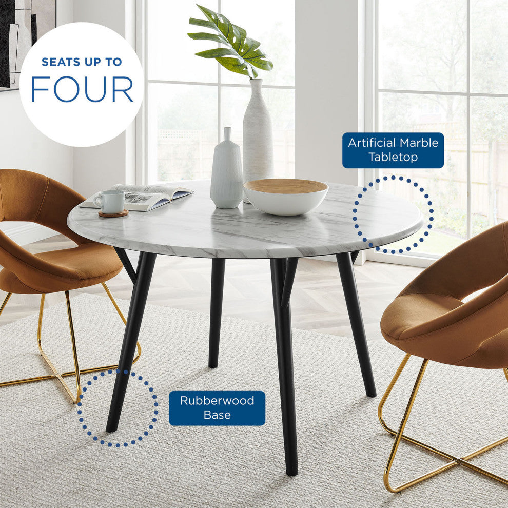 50" Dining Table, Round, White Black, Wood, Artificial Marble, Modern