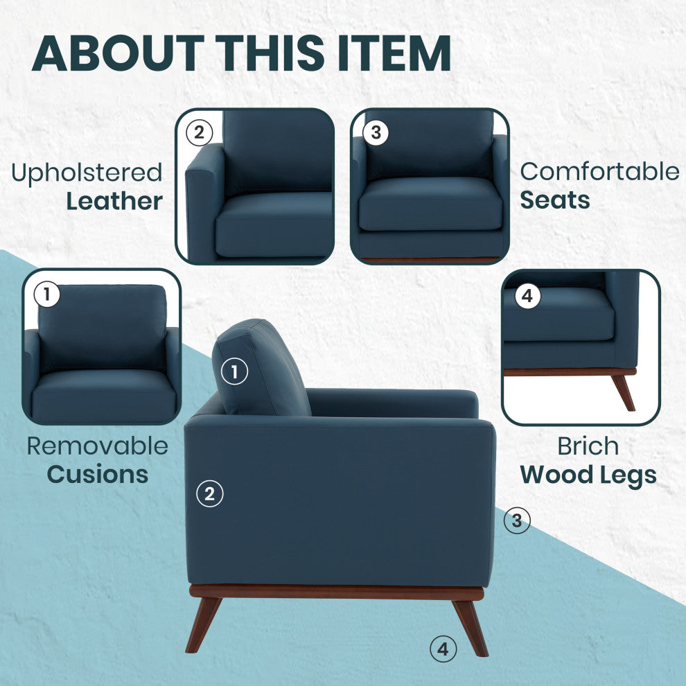 LeisureMod Chester Mid-Century Modern Faux Leather Accent Arm Chair, Navy Blue