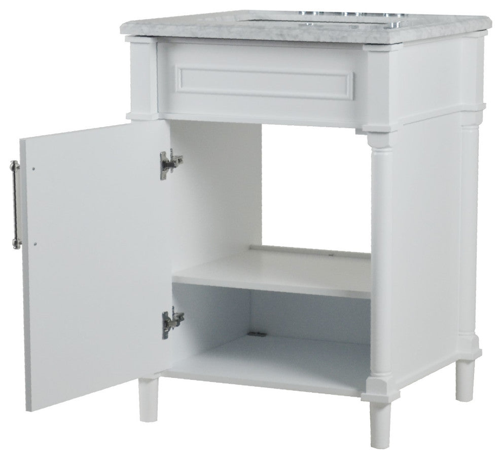 24" Single Vanity, White With White Carrara Marble Top
