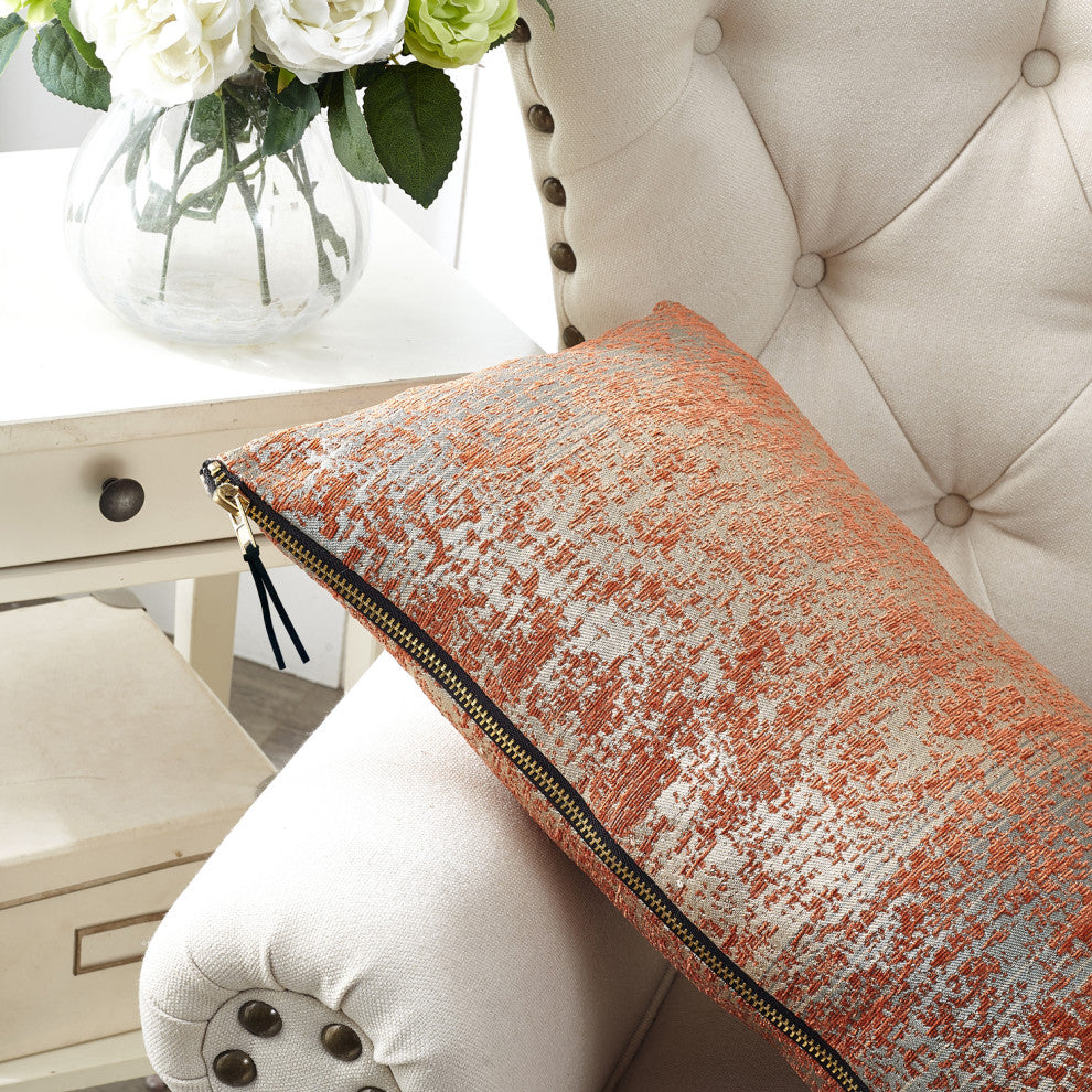 Jacquard Chenille Big Zipper Lumbar Toss Pillow Set, Orange, 2 Piece Lumbar, 14"