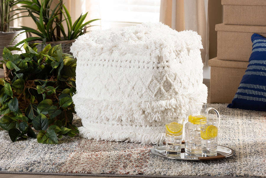 Cassandra Moroccan Ivory Handwoven Pouf Ottoman