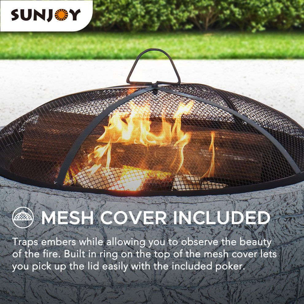 Sunjoy Stone 26" Round Wood Burning Firepit for Outside, Stone Gray