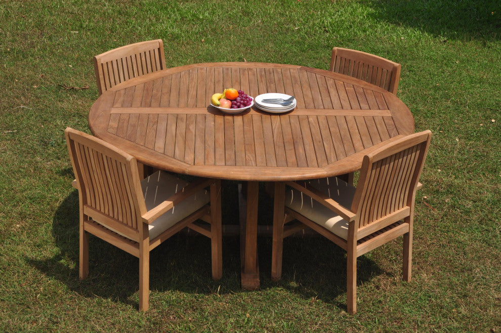 5-Piece Outdoor Teak Dining Set: 72" Round Table, 4 Wave Stacking Arm Chairs