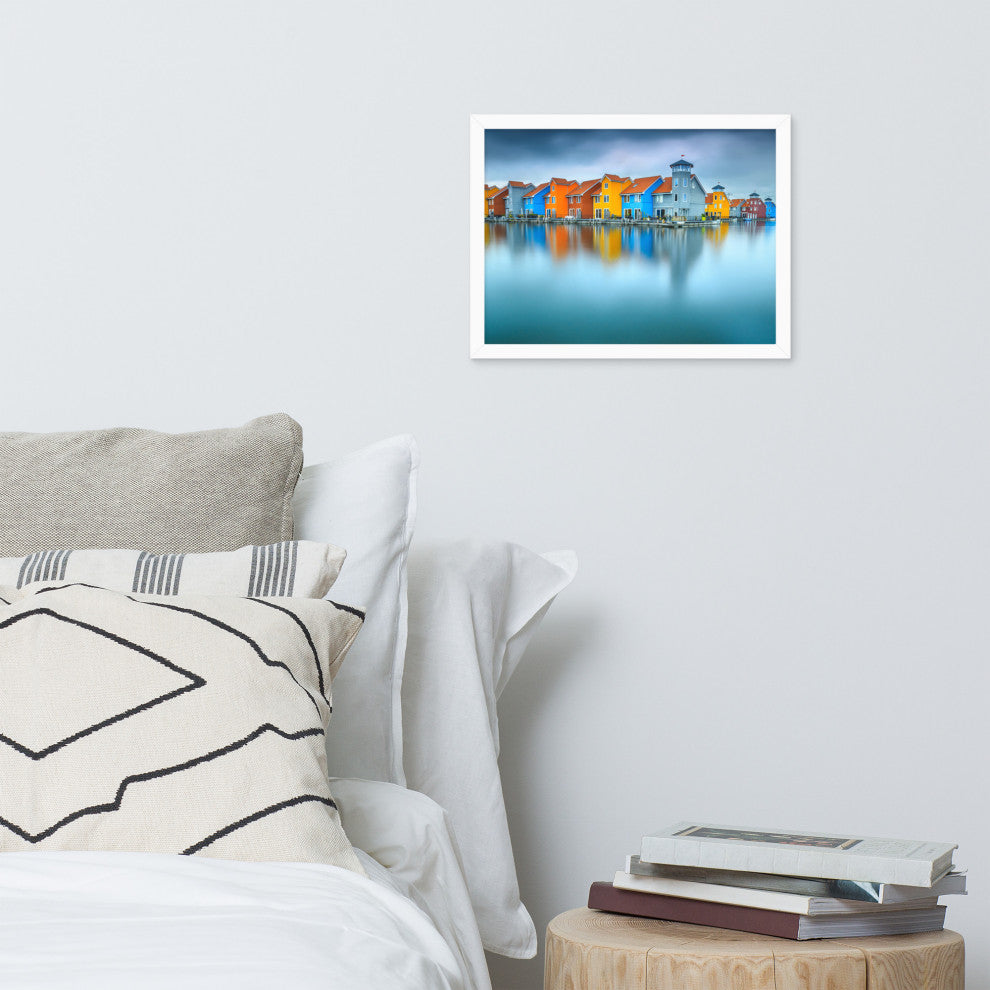 Blue Morning at Waters Edge Landscape Framed Photo Paper Wall Art Prints, White, 12" X 16"