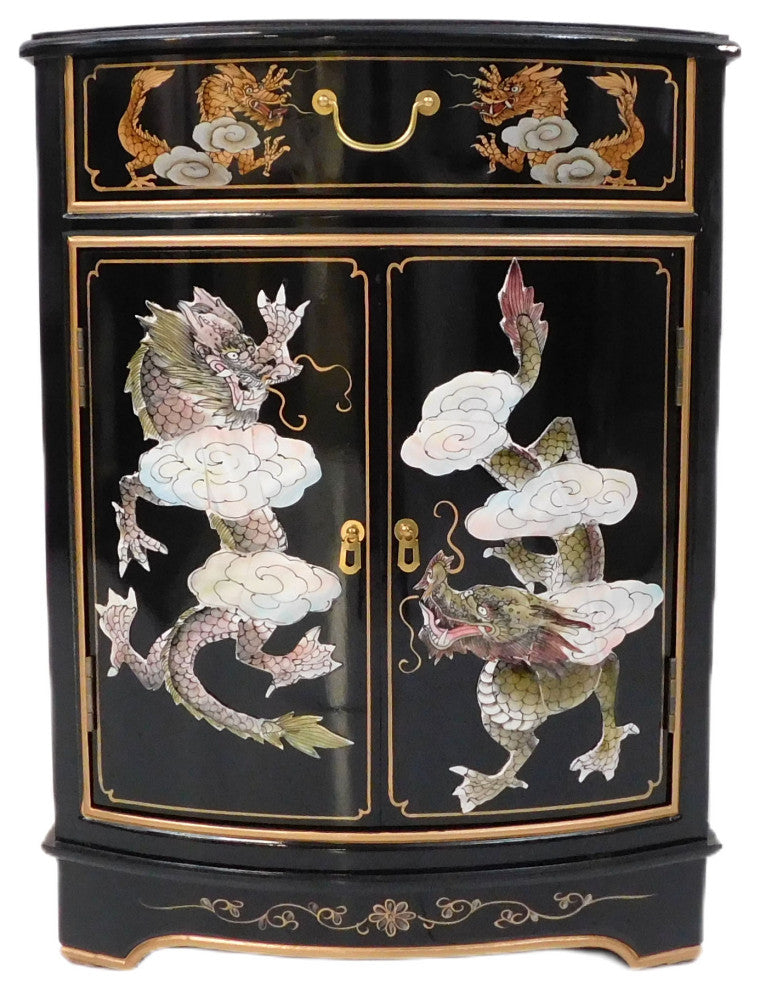 Dragon Mother of Pearl Inlaid Cabinet With Drawer and Doors.